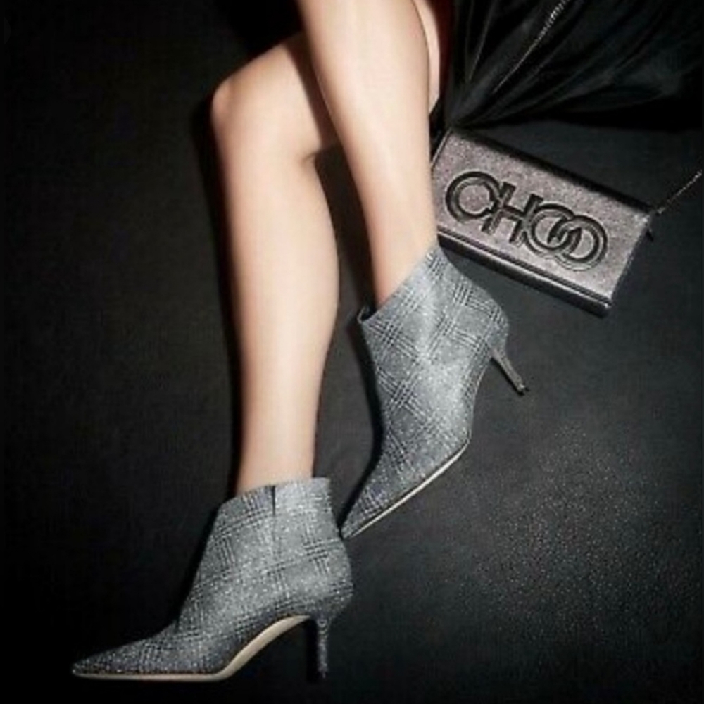 Jimmy Choo Marinda 65 Glitter Silver Plaid Print Ankle boots Size 41 - Picture 1 of 12